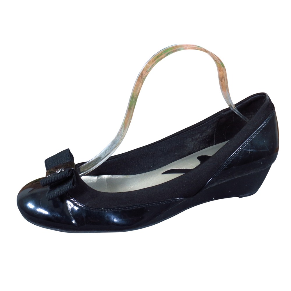 Anne Klein Sport AK Women Wedge Pump Size 8 Professional Dress Black Patent Bow